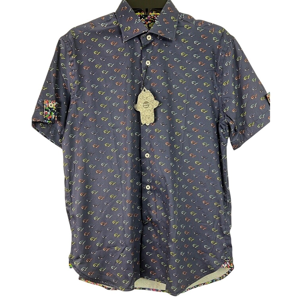 Luciano Visconti Black Shirt Men S Blue Sunglasses Print Cotton Button Down G14